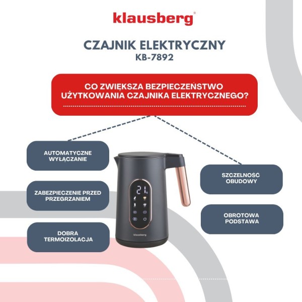 Czajnik elektryczny Klausberg KB-7892 bezprzewodowy 1,7L z regulacją temperatury czarny