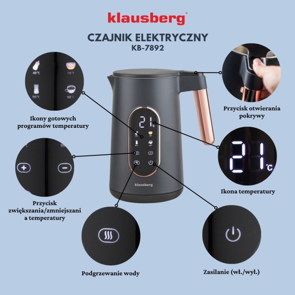 Czajnik elektryczny Klausberg KB-7892 bezprzewodowy 1,7L z regulacją temperatury czarny