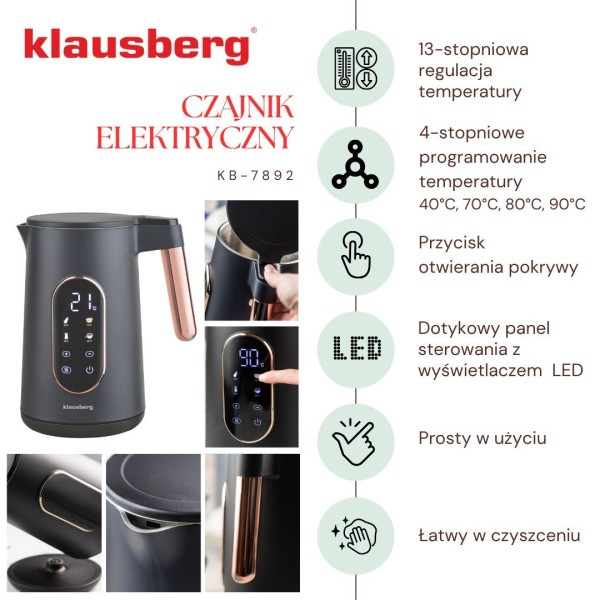 Czajnik elektryczny Klausberg KB-7892 bezprzewodowy 1,7L z regulacją temperatury czarny