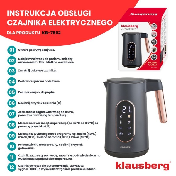 Czajnik elektryczny Klausberg KB-7892 bezprzewodowy 1,7L z regulacją temperatury czarny