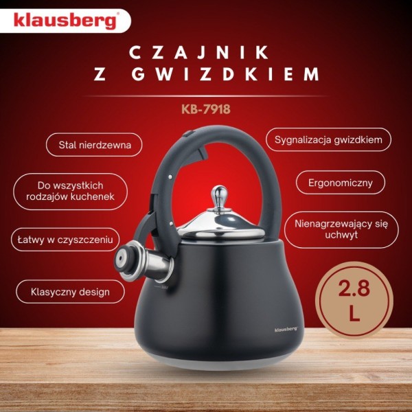 Czajnik stalowy Klausberg KB-7918 czarny matowy 2,8 l na gaz i indukcję