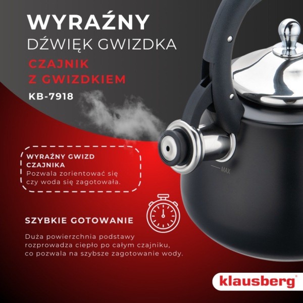 Czajnik stalowy Klausberg KB-7918 czarny matowy 2,8 l na gaz i indukcję