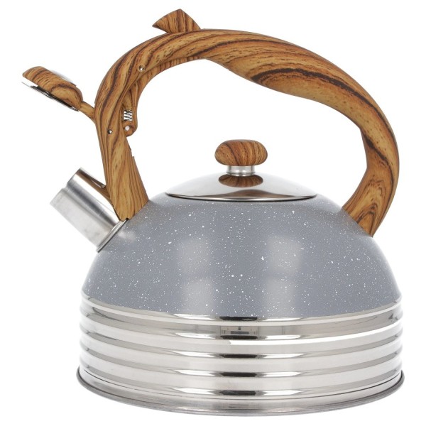 Чайник, Brunbeste, Czajnik stalowy z gwizdkiem na indukcję 2.5L szary marmurek uchwyt drewno,  BB-2477, для індукції, серый мрамор/дерево  