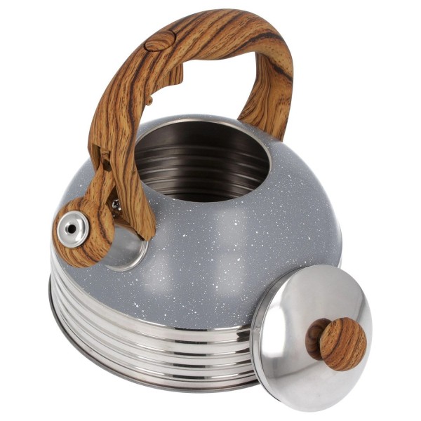 Чайник, Brunbeste, Czajnik stalowy z gwizdkiem na indukcję 2.5L szary marmurek uchwyt drewno,  BB-2477, для індукції, серый мрамор/дерево  