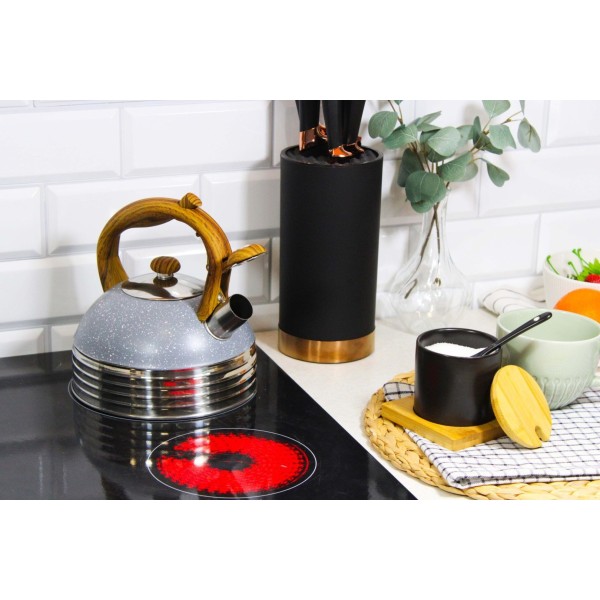 Чайник, Brunbeste, Czajnik stalowy z gwizdkiem na indukcję 2.5L szary marmurek uchwyt drewno,  BB-2477, для індукції, серый мрамор/дерево  