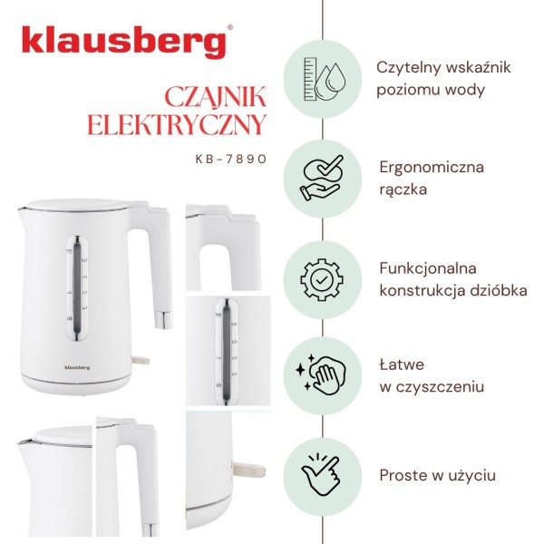 Czajnik elektryczny Klausberg KB-7890 bezprzewodowy 1,7L biały do kuchni