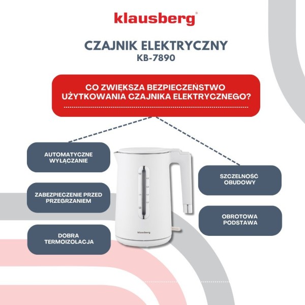 Czajnik elektryczny Klausberg KB-7890 bezprzewodowy 1,7L biały do kuchni