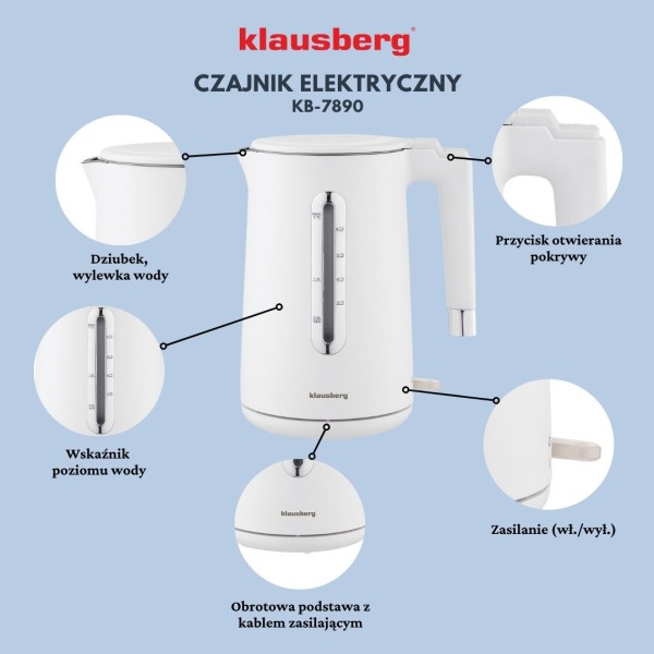 Czajnik elektryczny Klausberg KB-7890 bezprzewodowy 1,7L biały do kuchni