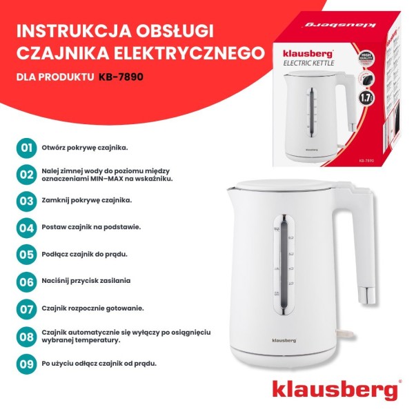 Czajnik elektryczny Klausberg KB-7890 bezprzewodowy 1,7L biały do kuchni