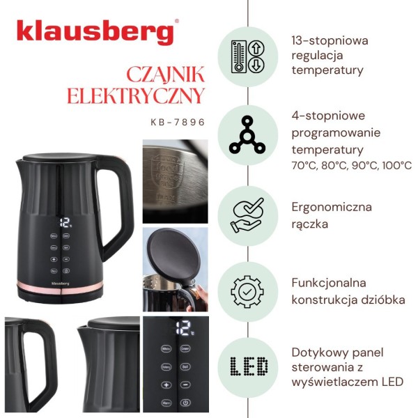 Czajnik elektryczny Klausberg KB-7896 bezprzewodowy 1,7 l z regulacją temperatury czarny do kuchni