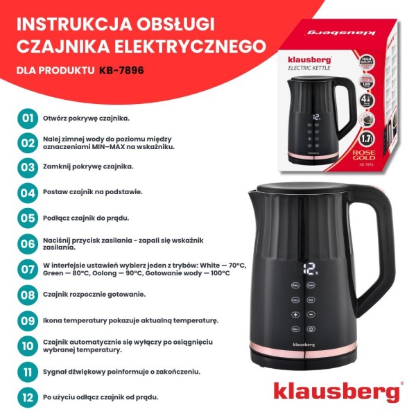 Czajnik elektryczny Klausberg KB-7896 bezprzewodowy 1,7 l z regulacją temperatury czarny do kuchni