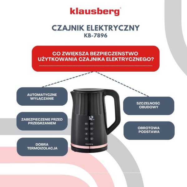 Czajnik elektryczny Klausberg KB-7896 bezprzewodowy 1,7 l z regulacją temperatury czarny do kuchni