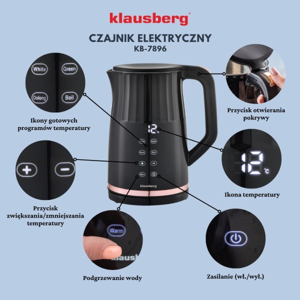 Czajnik elektryczny Klausberg KB-7896 bezprzewodowy 1,7 l z regulacją temperatury czarny do kuchni