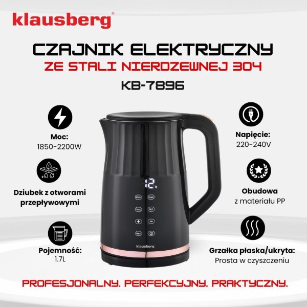 Czajnik elektryczny Klausberg KB-7896 bezprzewodowy 1,7 l z regulacją temperatury czarny do kuchni