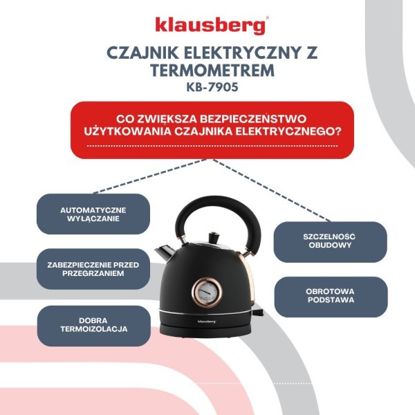 Czajnik elektryczny Klausberg KB-7905 z termometrem stal nierdzewna 1,8 l czarny/rose gold do kawy i herbaty