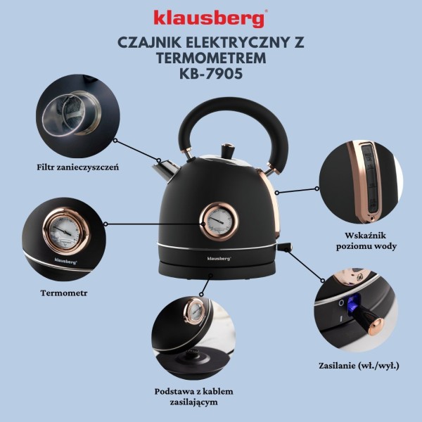 Czajnik elektryczny Klausberg KB-7905 z termometrem stal nierdzewna 1,8 l czarny/rose gold do kawy i herbaty
