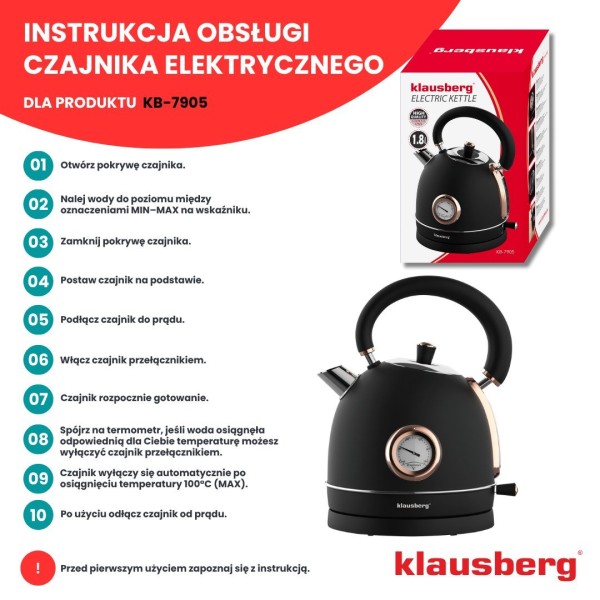 Czajnik elektryczny Klausberg KB-7905 z termometrem stal nierdzewna 1,8 l czarny/rose gold do kawy i herbaty
