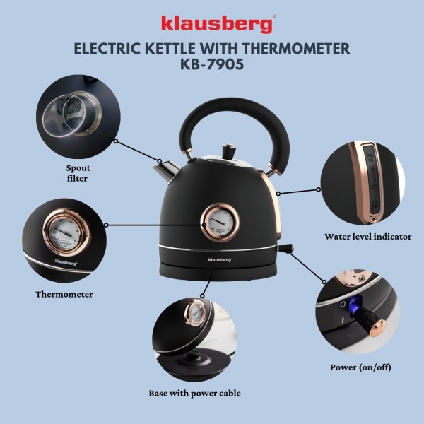 Czajnik elektryczny Klausberg KB-7905 z termometrem stal nierdzewna 1,8 l czarny/rose gold do kawy i herbaty