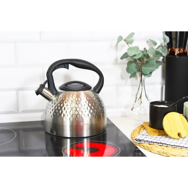 Czajnik, Brunbestе, BB-2467, gazowy stalowy z gwizdkiem, 2.7 L, srebrny diamond, Wyposażenie kuchni / Akcesoria do kawy i herbaty / Czajniki — przykład zastosowania: do gotowania wody na kuchence gazowej z gwizdkiem for quickly boiling water.