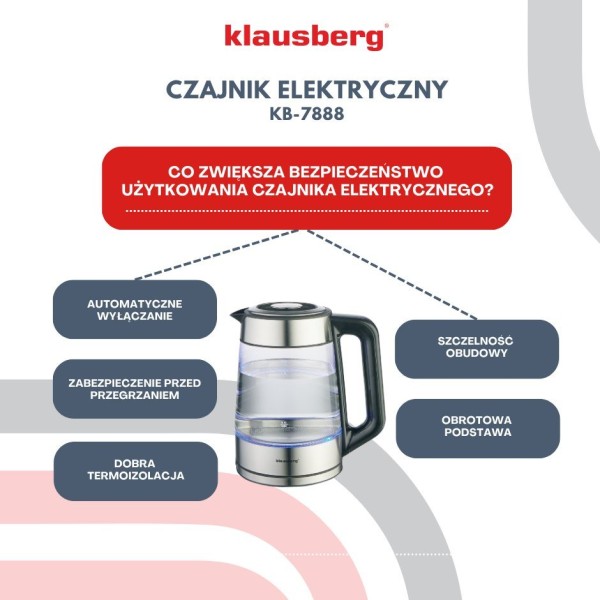Czajnik elektryczny Klausberg KB-7888 szklany 1,7 l z regulacją temperatury do kawy i herbaty