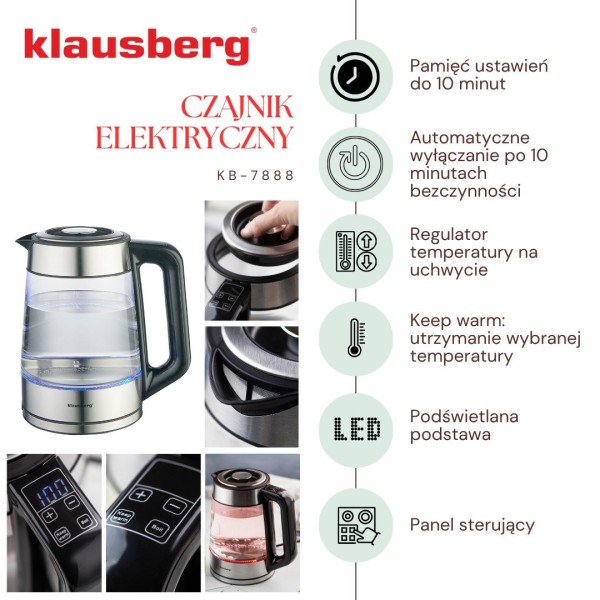 Czajnik elektryczny Klausberg KB-7888 szklany 1,7 l z regulacją temperatury do kawy i herbaty