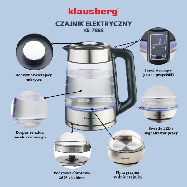 Czajnik elektryczny Klausberg KB-7888 szklany 1,7 l z regulacją temperatury do kawy i herbaty