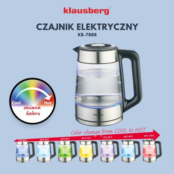 Czajnik elektryczny Klausberg KB-7888 szklany 1,7 l z regulacją temperatury do kawy i herbaty
