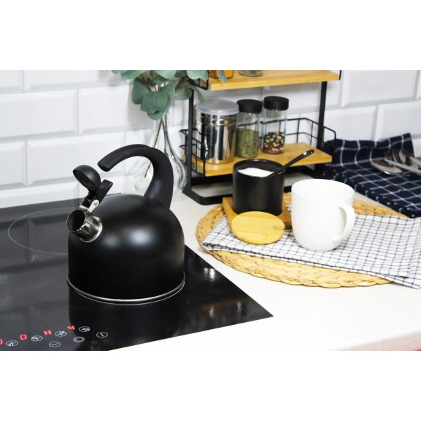 Sietniczny czajnik stalowy z gwizdkiem, BRUNBESTE BB-2438, 1.5L, czarny, na gaz i indukcję, czajnik do gotowania wody, 1.5L, czarny.