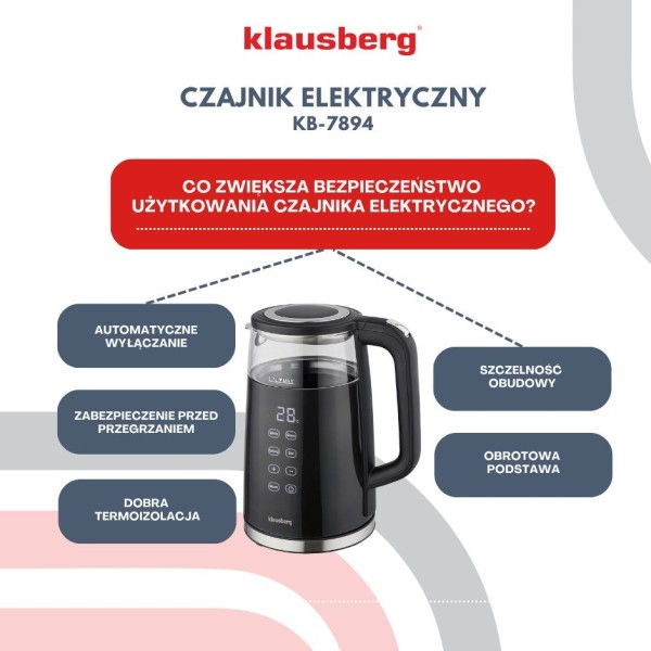 Електричний чайник Klausberg KB-7894 з регулюванням температури 1.7 л бездротовий для дому та офісу чорний