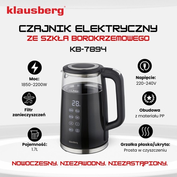 Електричний чайник Klausberg KB-7894 з регулюванням температури 1.7 л бездротовий для дому та офісу чорний