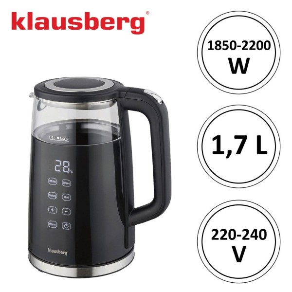 Електричний чайник Klausberg KB-7894 з регулюванням температури 1.7 л бездротовий для дому та офісу чорний