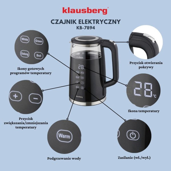 Електричний чайник Klausberg KB-7894 з регулюванням температури 1.7 л бездротовий для дому та офісу чорний