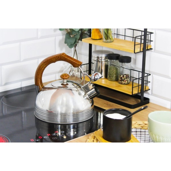 Czajnik stalowy z gwizdkiem, BRUNBESTE, BB-2270, 2.5L, z drewnianym uchwytem, indukcja, czajnik do kuchenki/p (przykład zastosowania: idealny do gotowania wody na herbatę)