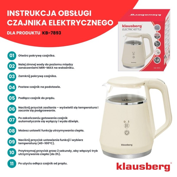 Czajnik elektryczny Klausberg KB-7893 kremowy 1.0L bezprzewodowy z regulacją temperatury
