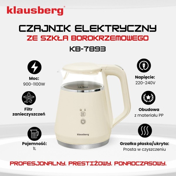 Czajnik elektryczny Klausberg KB-7893 kremowy 1.0L bezprzewodowy z regulacją temperatury