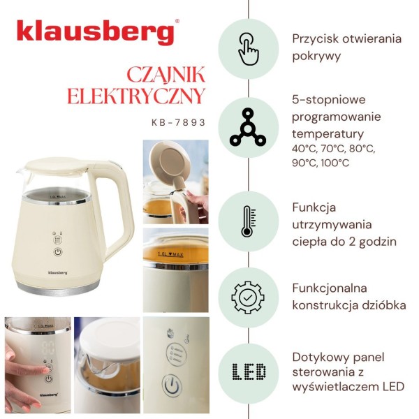Czajnik elektryczny Klausberg KB-7893 kremowy 1.0L bezprzewodowy z regulacją temperatury