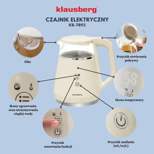 Czajnik elektryczny Klausberg KB-7893 kremowy 1.0L bezprzewodowy z regulacją temperatury