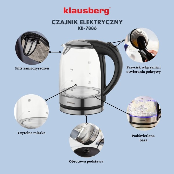 Czajnik elektryczny Klausberg KB-7886 szklany 1,7 l do kuchni