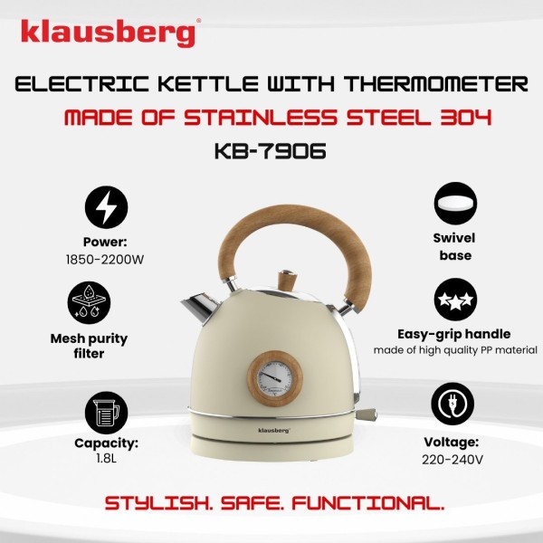 Czajnik elektryczny Klausberg KB-7905 ze stali nierdzewnej 1,8L z termometrem beżowy