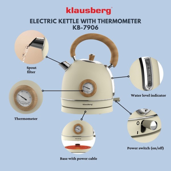 Czajnik elektryczny Klausberg KB-7905 ze stali nierdzewnej 1,8L z termometrem beżowy
