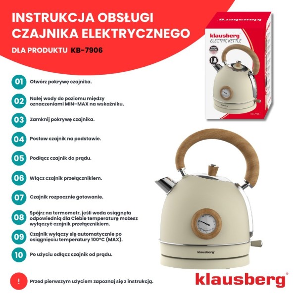 Czajnik elektryczny Klausberg KB-7905 ze stali nierdzewnej 1,8L z termometrem beżowy