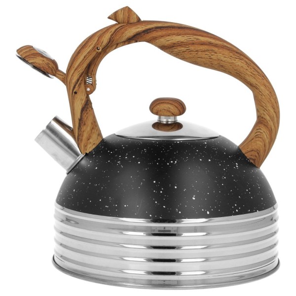 Чайник, BrunBestе, Czajnik stalowy z gwizdkiem na indukcję 2.5L czarny marmurek uchyт drewno, BB-2476, Wyposażenie kuchni / Akcesoria do kawy i herbaty / Czajniki