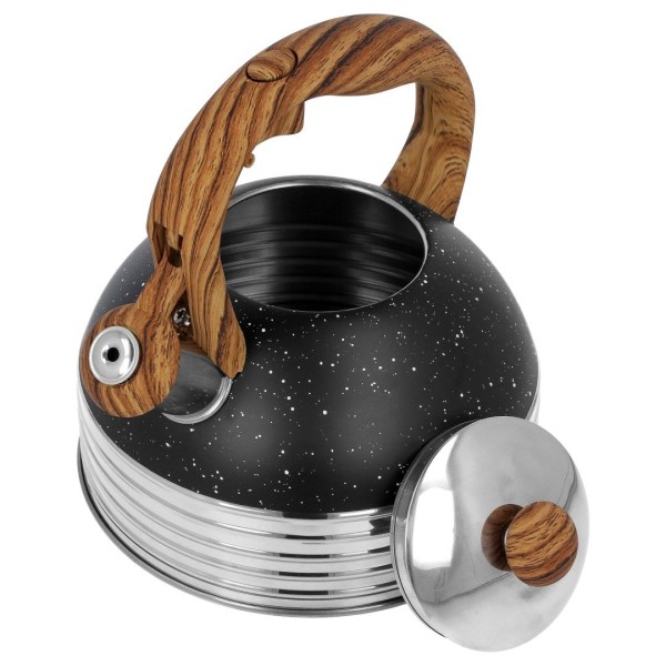 Чайник, BrunBestе, Czajnik stalowy z gwizdkiem na indukcję 2.5L czarny marmurek uchyт drewno, BB-2476, Wyposażenie kuchni / Akcesoria do kawy i herbaty / Czajniki