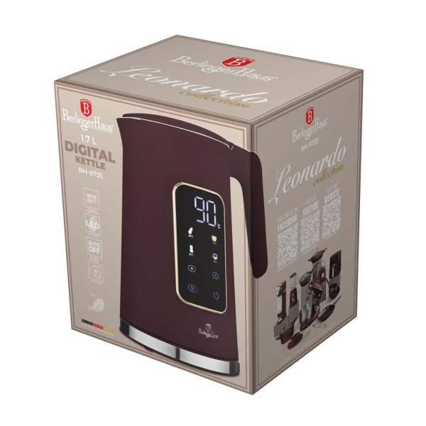 Чайник електричний BerlingerHaus Leonardo BH-9735, 1.7 л, чорний, корпус нержавіюча сталь з керамічним покриттям, автоматичне відключення, охолоджений корпус, знімний фільтр, зручна ручка, швидке закипання, індикатор рівня води, корпус із термостійкого ск