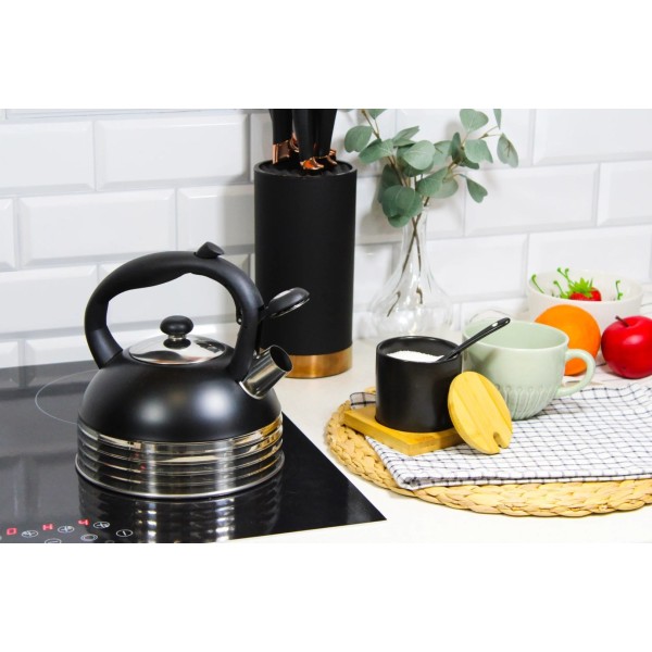 Чайник BRUNBESTE BB-2475, stalowy z gwizdkiem, czarny matowy, 2.5L