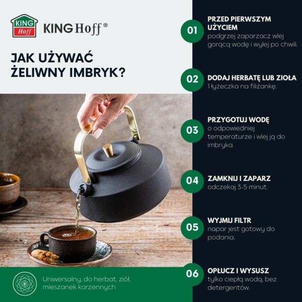 Czajnik żeliwny Kinghoff KH-1935 z zaparzaczem do herbaty i kawy 1,0L