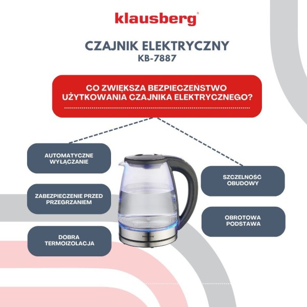 Czajnik elektryczny Klausberg KB-7887 szklany 1,8L z regulacją temperatury do kuchni