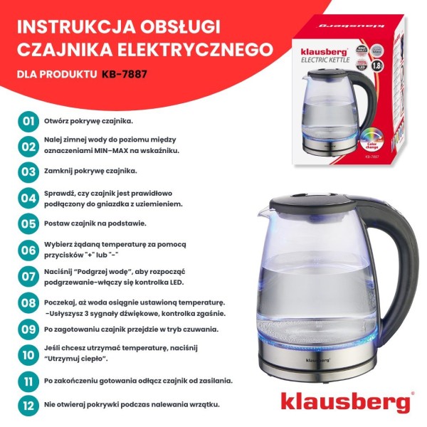 Czajnik elektryczny Klausberg KB-7887 szklany 1,8L z regulacją temperatury do kuchni