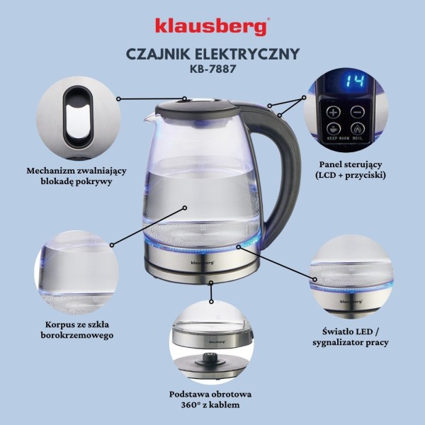 Czajnik elektryczny Klausberg KB-7887 szklany 1,8L z regulacją temperatury do kuchni