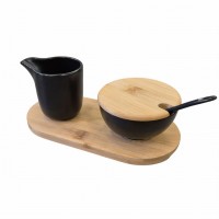 Przybory cukiernicze Brunbeste BB-4503 ceramiczna cukiernczka i mlecznik na bambusowej podstawce